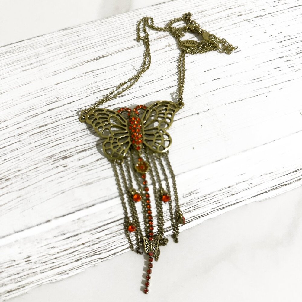 Vintage Gold Butterfly Necklace with Red/Orange Swarovski Crystals